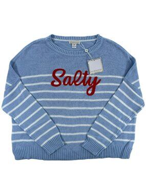 Shiraleah Blue & White Striped Sweater With "Salty" Red Text Relaxed Fit XL